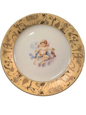 Sorelle Fine Porcelain Cherub Dessert Plates Double Encrusted Gold Band Set 4